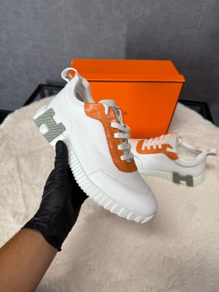 Hermes Bouncing Sneakers White Orange, Grey Logo