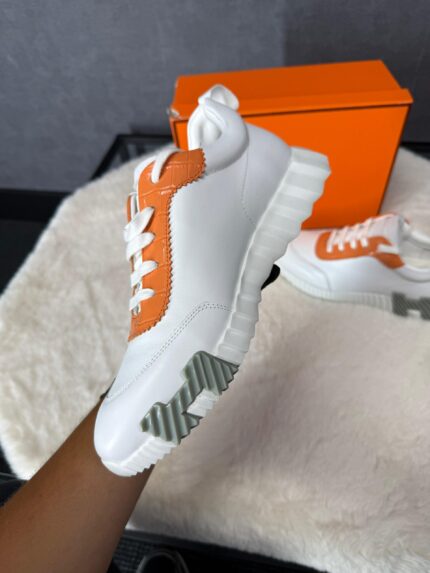 Hermes Bouncing Sneakers White Orange, Grey Logo