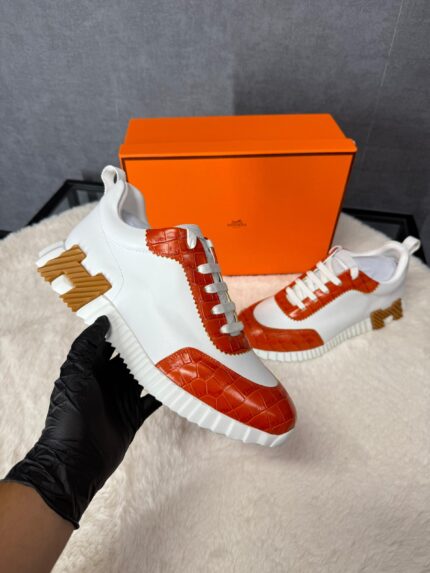 Hermes Bouncing Sneakers White Orange, Brown Logo