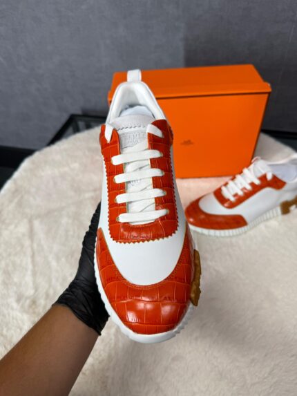 Hermes Bouncing Sneakers White Orange, Brown Logo
