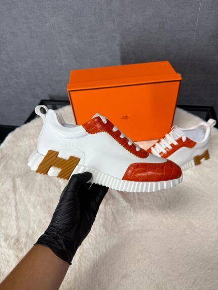 Hermes Bouncing Sneakers White Orange, Brown Logo