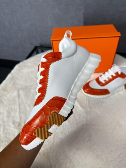 Hermes Bouncing Sneakers White Orange, Brown Logo