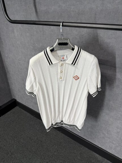 Casablanca Gebreid Polo Wit, Witte Kraag met Zwarte Strepen