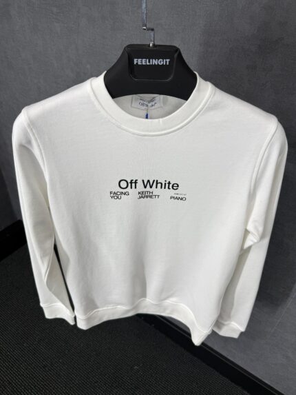Off-White White Sweater Mid Text, Kruis Achterkant Zwart Blue Logo