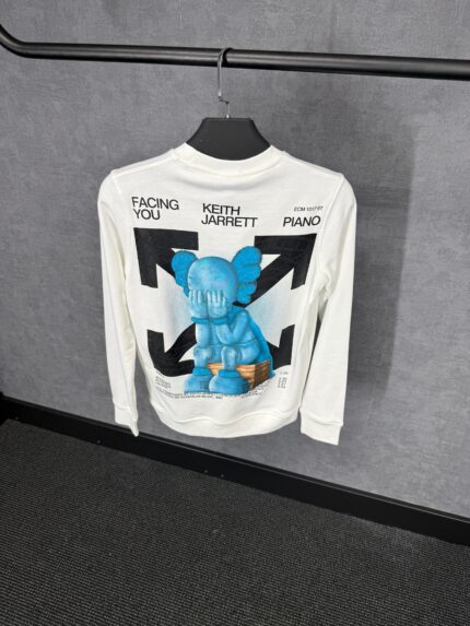 Off-White White Sweater Mid Text, Kruis Achterkant Zwart Blue Logo